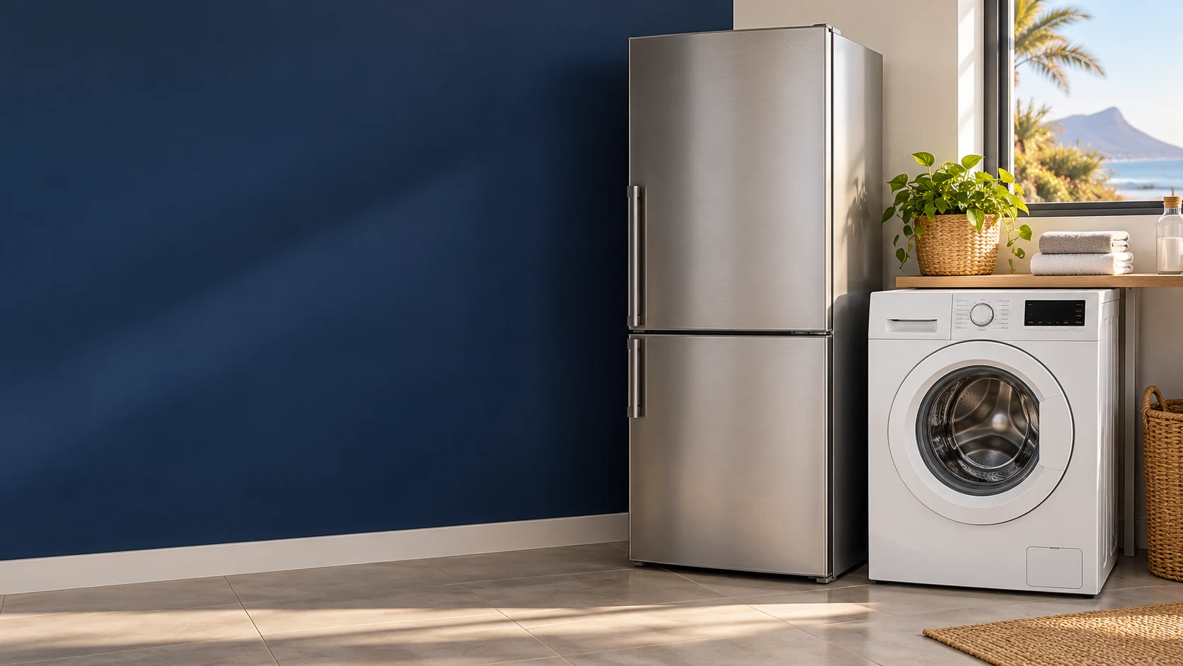 Illustration of a fridge and washing machine in a bright home