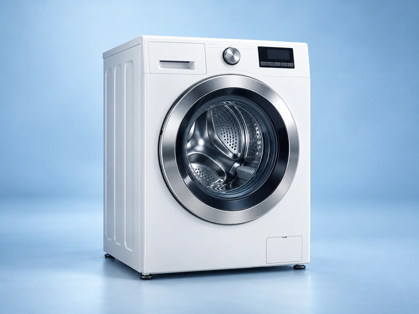 Studio illustration of a white front-loading washing machine